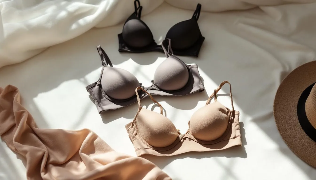 Three bras in different colors on a light fabric background