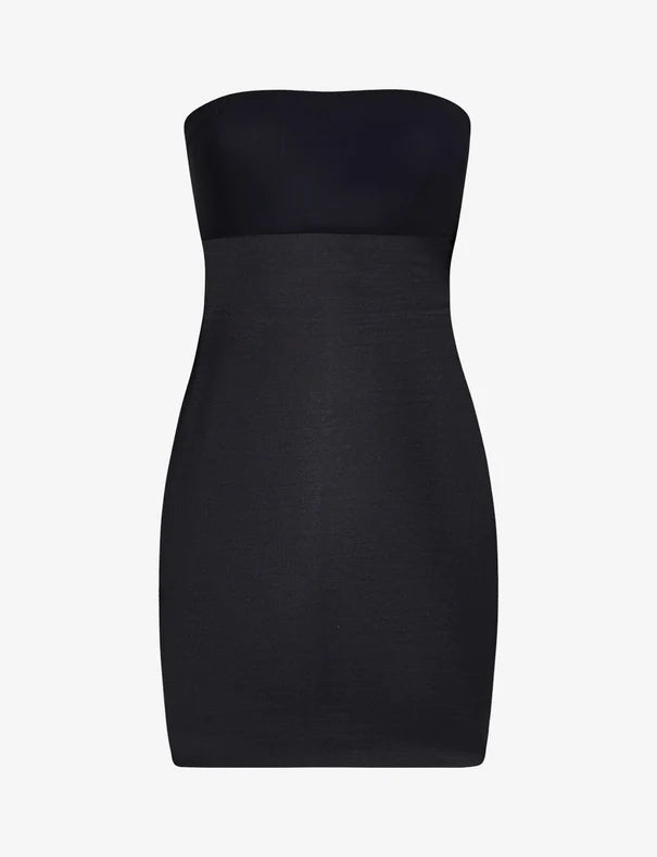 Black strapless dress on a white background