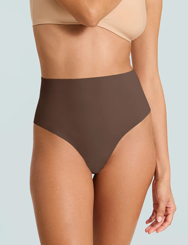 Brown high-waisted bikini bottom on a light gray background