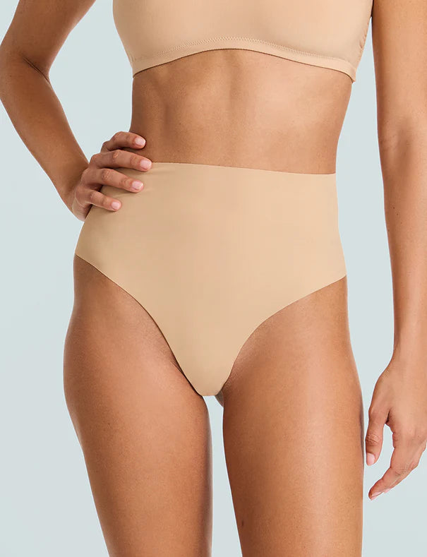 Nude Brown high-waisted bikini bottom on a light gray background