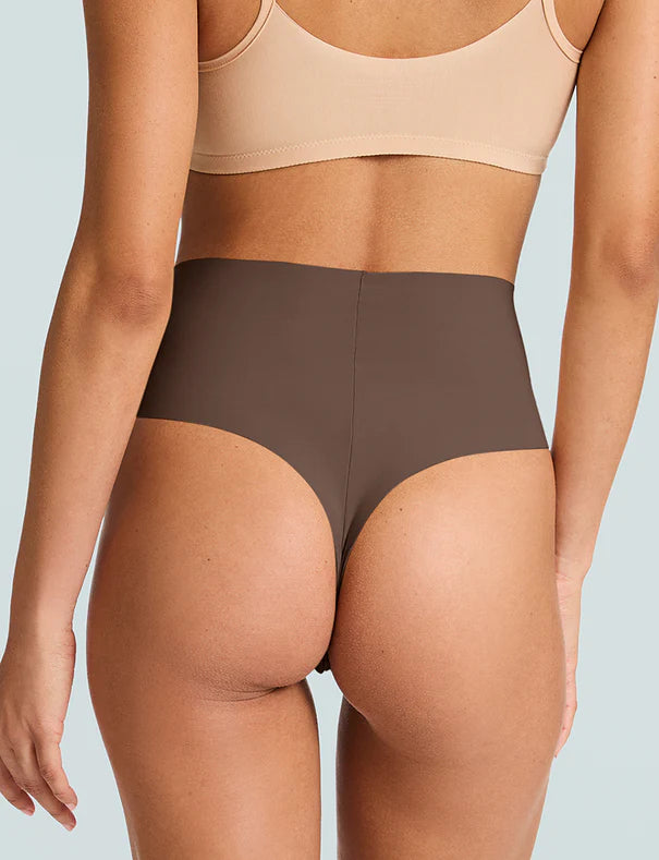 Brown high-waisted bikini bottom on a light gray background