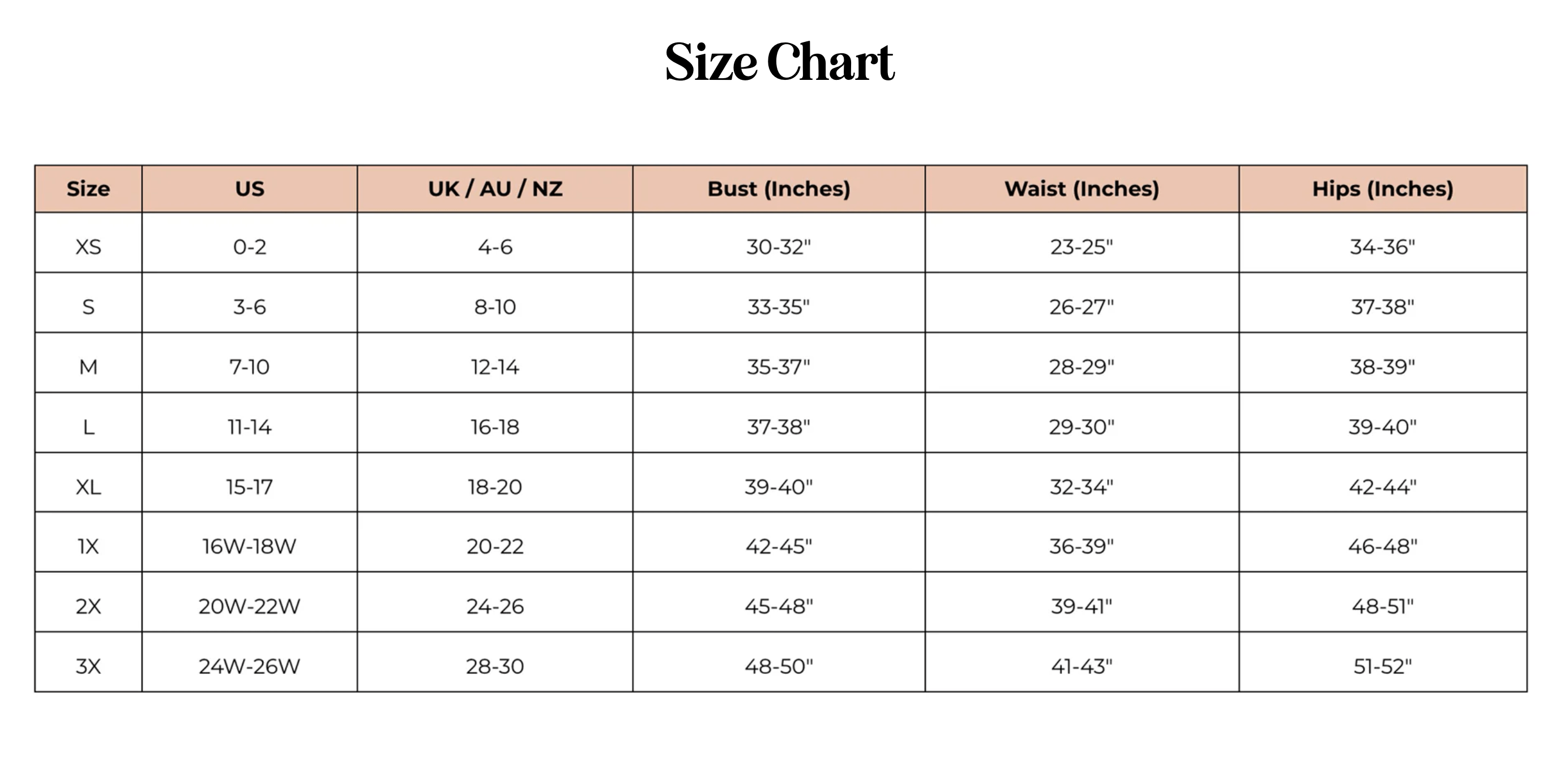 Dippin Daisy's Size Chart