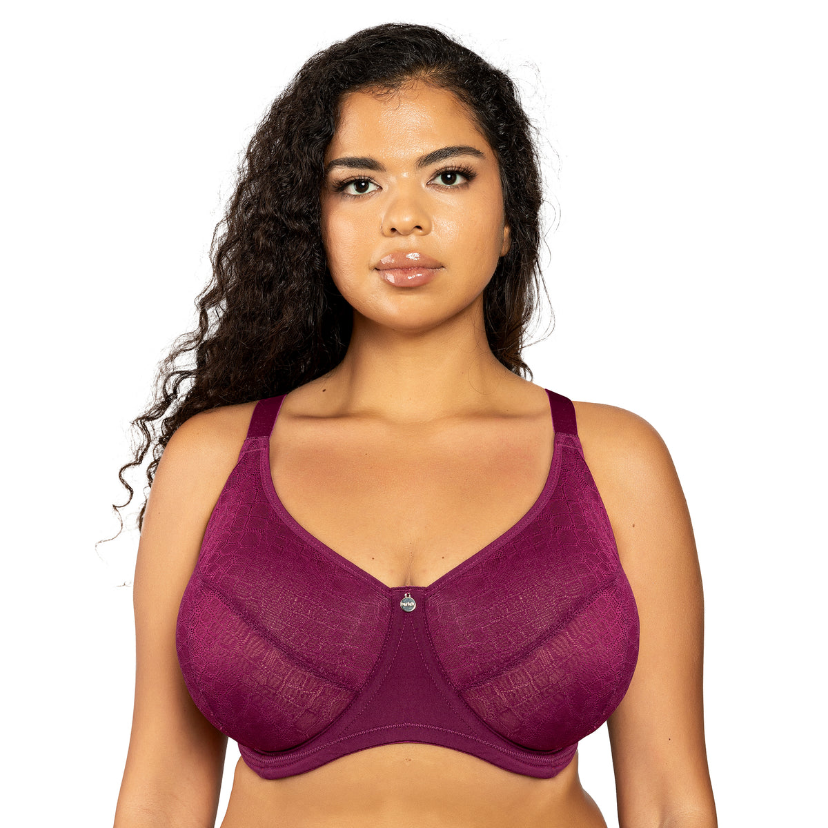 Woman wearing a purple bra on a white background
