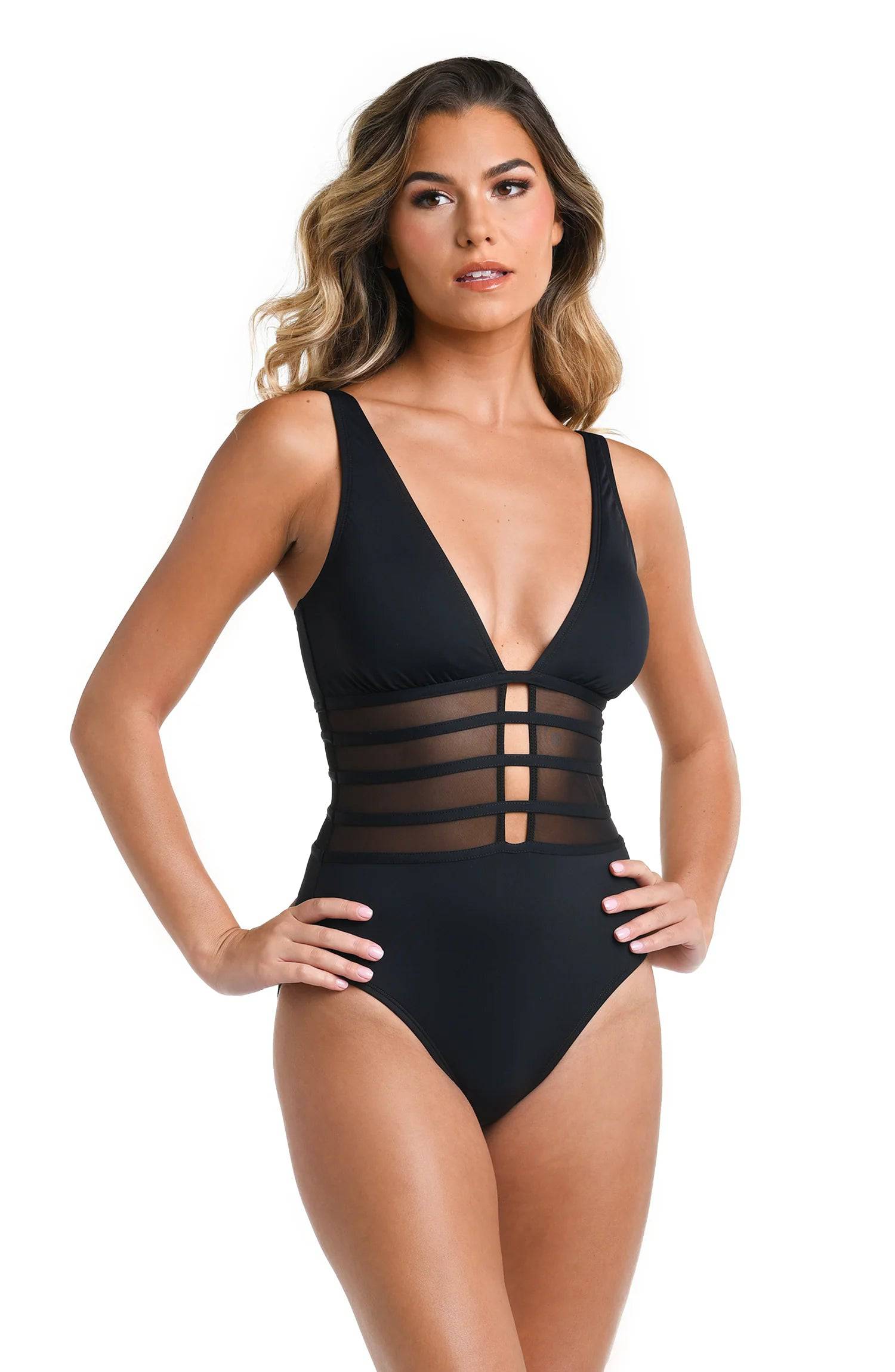Island Goddess Over the Shoulder Mesh One Piece - Black - OLIVIA PAISLEY
