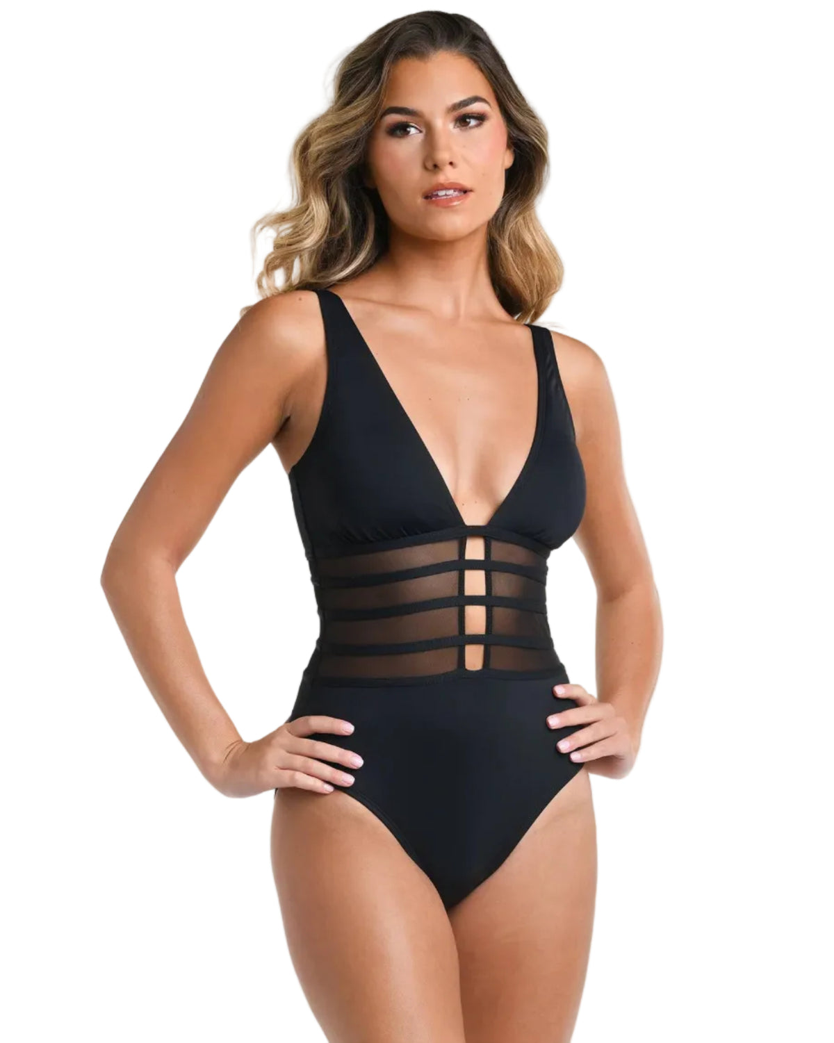 Island Goddess Over the Shoulder Mesh One Piece - Black - OLIVIA PAISLEY