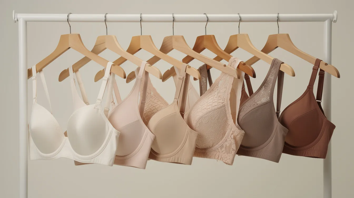 Collection of bras in various colors on hangers against a neutral background