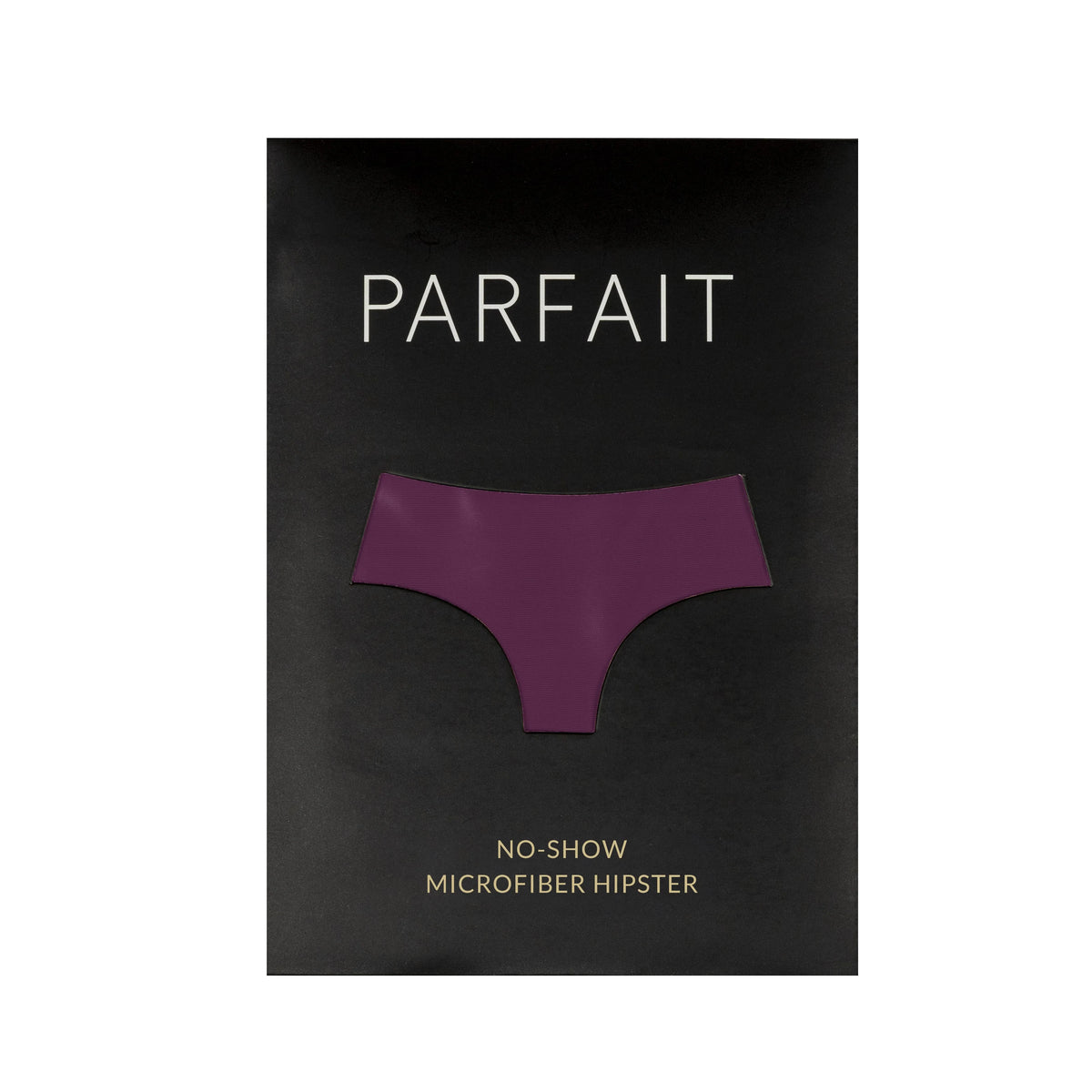 A black rectangular product box for Parfait No-Show Microfiber Hipster underwear, featuring a purple cutout of the hipster on the front with white and gold text.