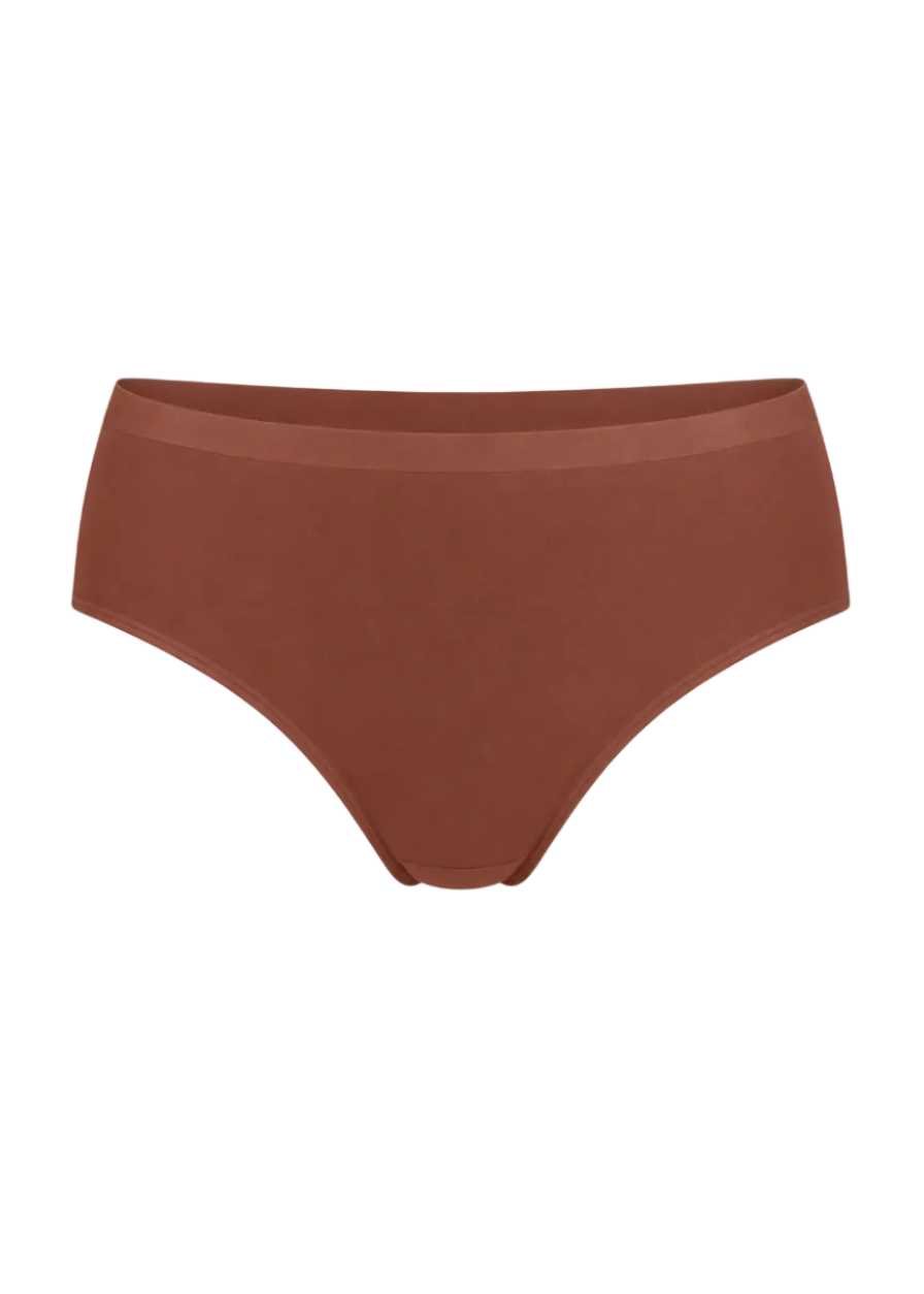 A pair of solid rust-brown bikini bottoms shown flat against a plain white background.