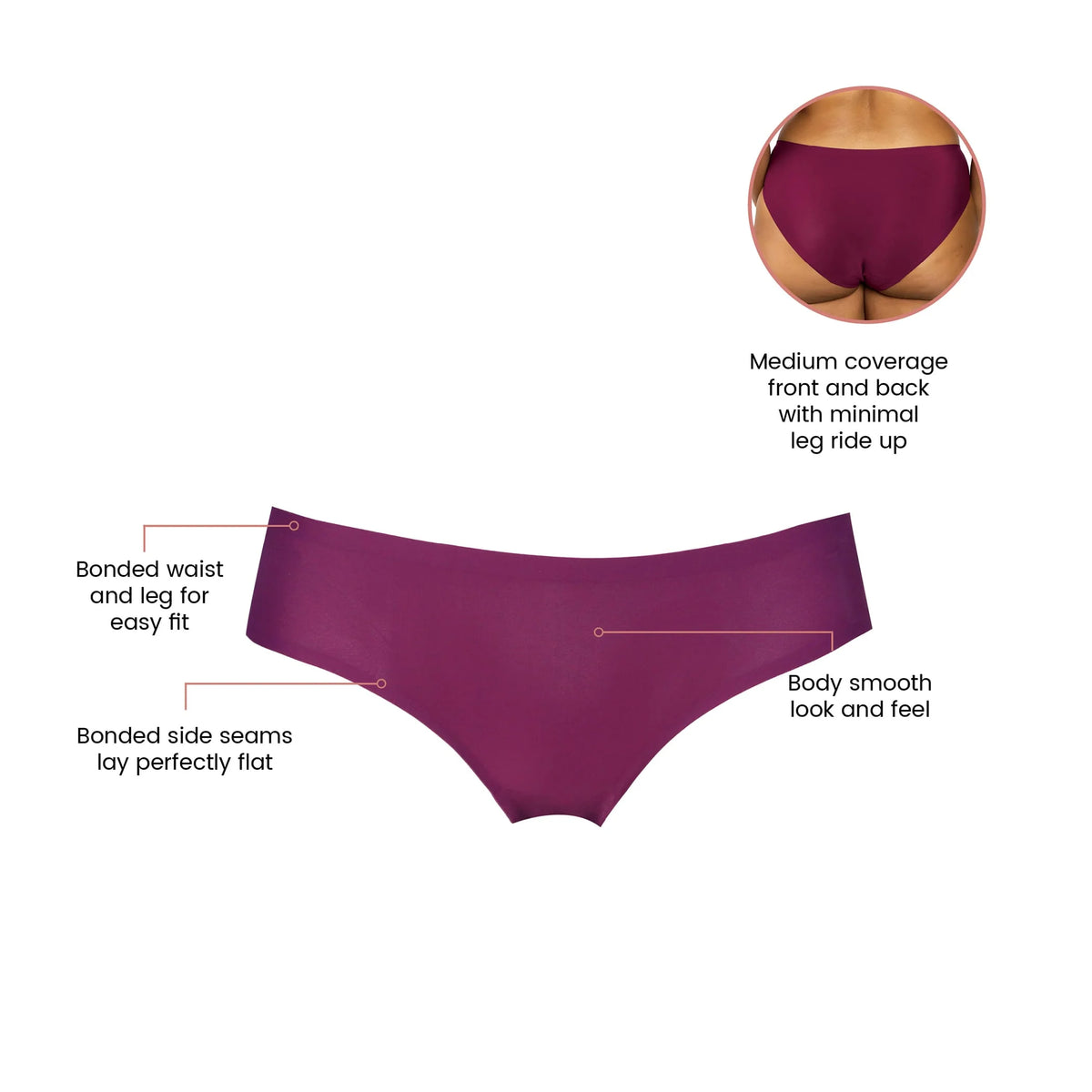 Front View of a blackberry color seamless hipster underwear displayed on a ghost mannequin, showcasing the smooth, seamless design, comfortable waistband, and full-coverage fit.