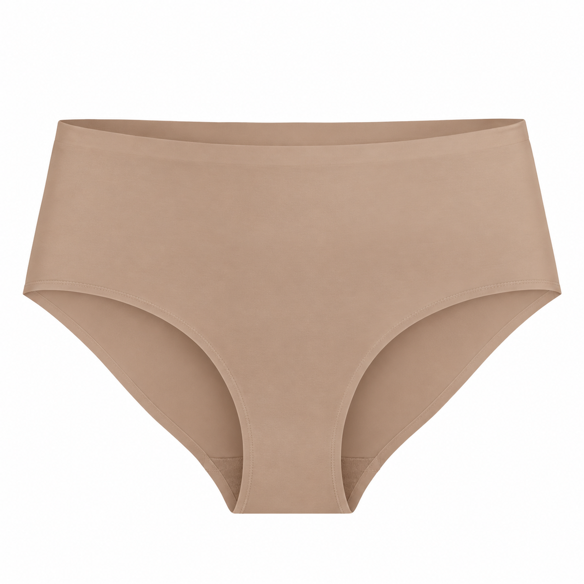 Front View of a nude color seamless hipster underwear displayed on a ghost mannequin, showcasing the smooth, seamless design, comfortable waistband, and full-coverage fit.