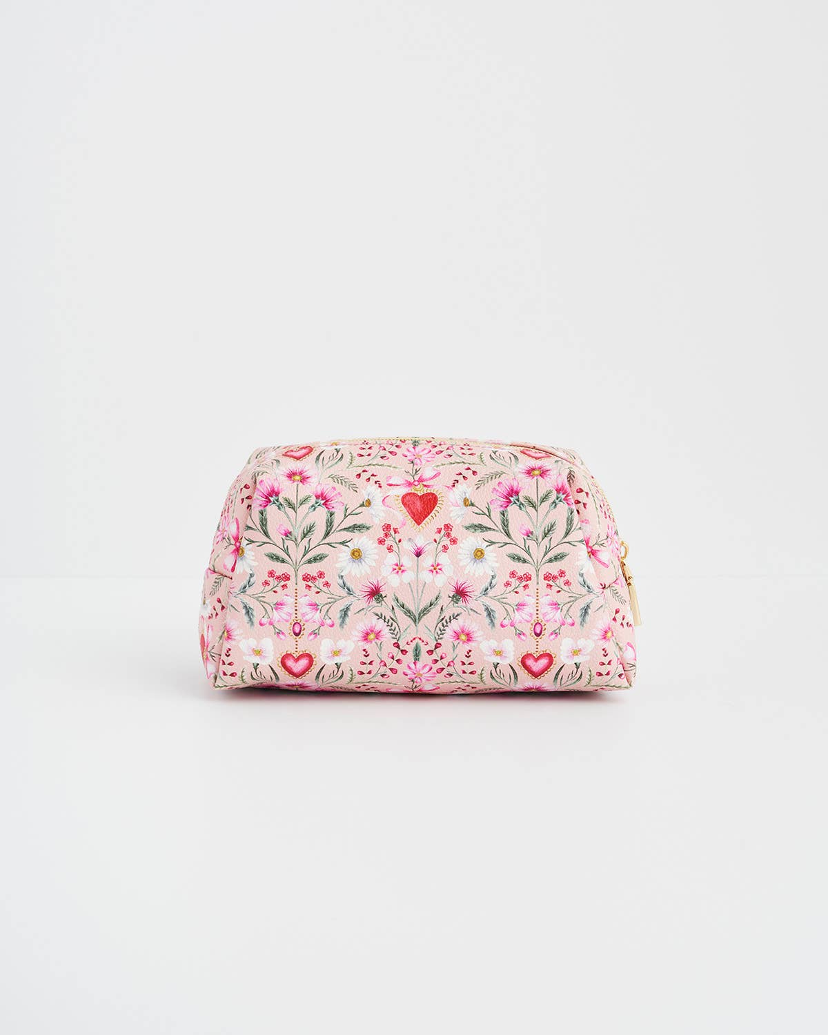 Floral patterned pouch with heart designs on a light gray background