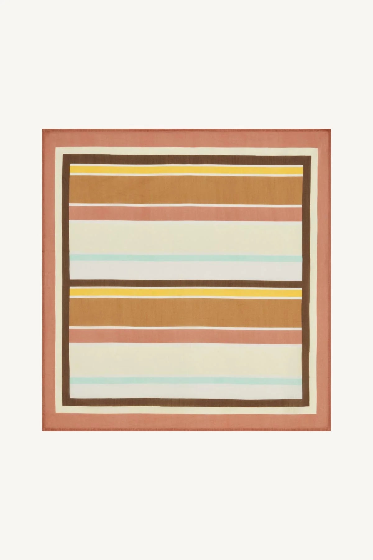 A square abstract striped art print with horizontal bands of terracotta, mustard yellow, brown, cream, and light blue, framed by a wide terracotta border on a light off-white background.