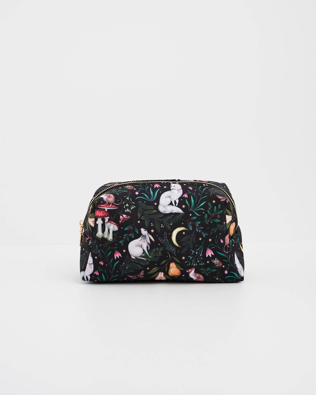 Cosmetic bag with animal and floral pattern on a white background