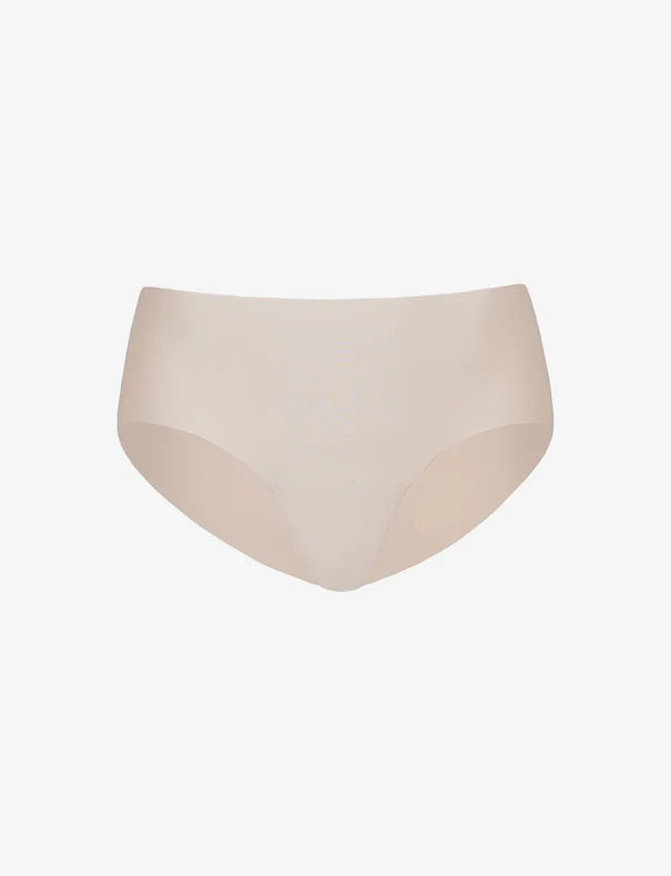 Beige high-waisted bikini bottom on a white background
