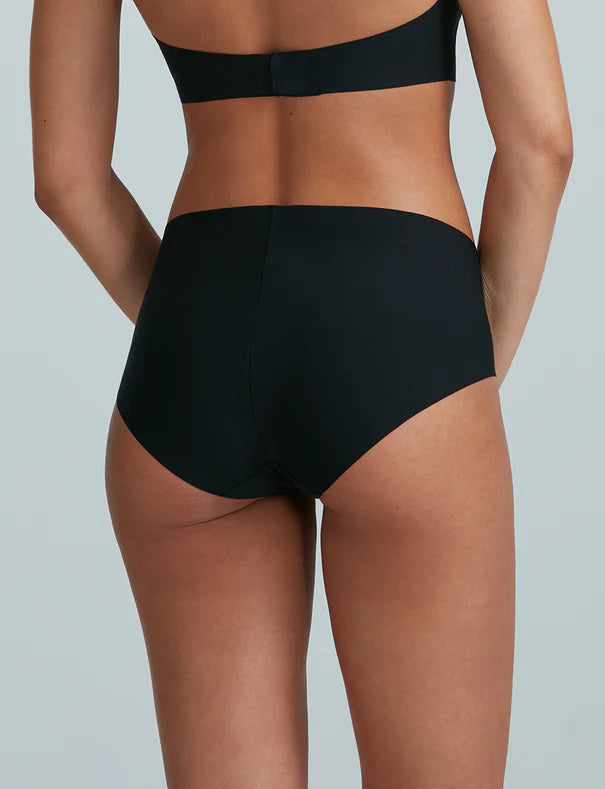 Black high-waisted underwear on a plain background