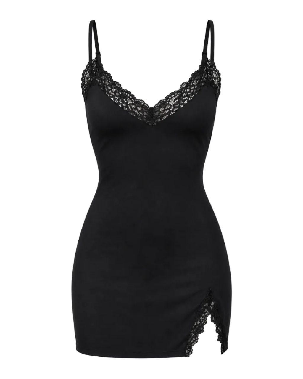 black lace trim slip dress on a white background