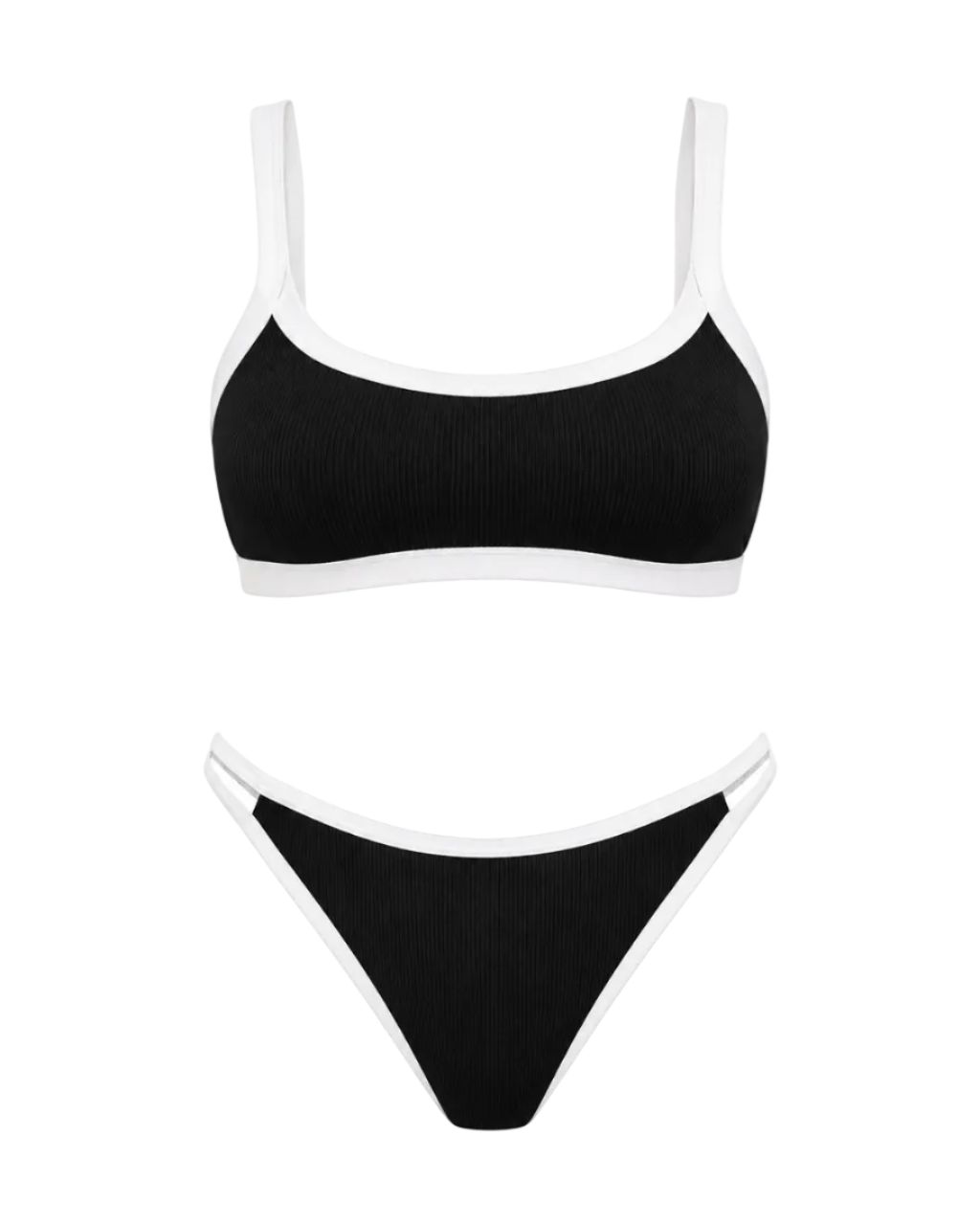Black, white, ribbed bikini top and bottom on white background