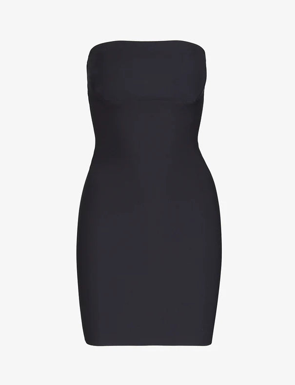 Black strapless dress on a white background