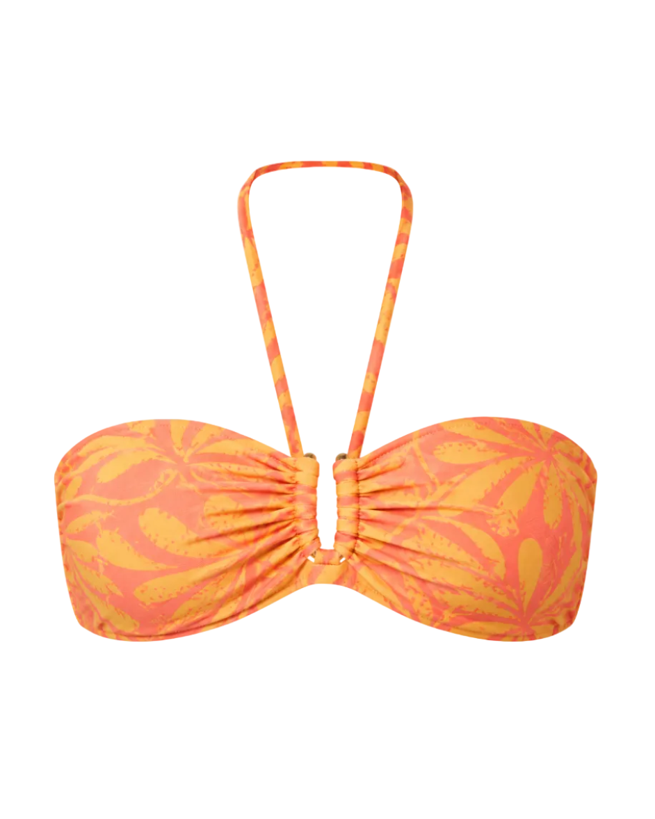Coral Bandeau bikini top on a white backgound