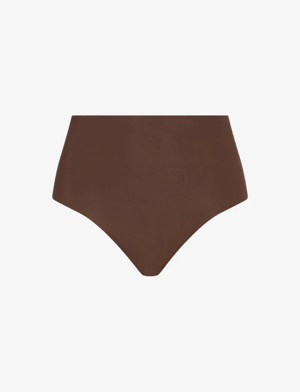 Brown high-waisted bikini bottom on a light gray background