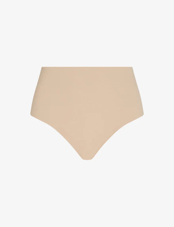 Nude high-waisted bikini bottom on a light gray background