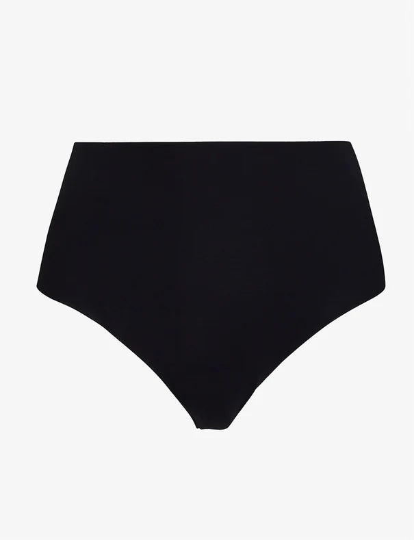 Black high-waisted bikini bottom on a light gray background