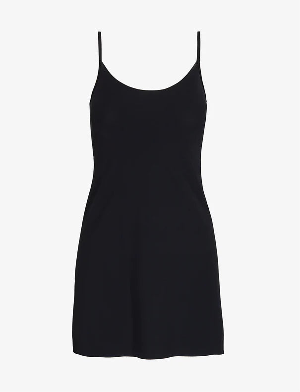 Black slip dress on a white background