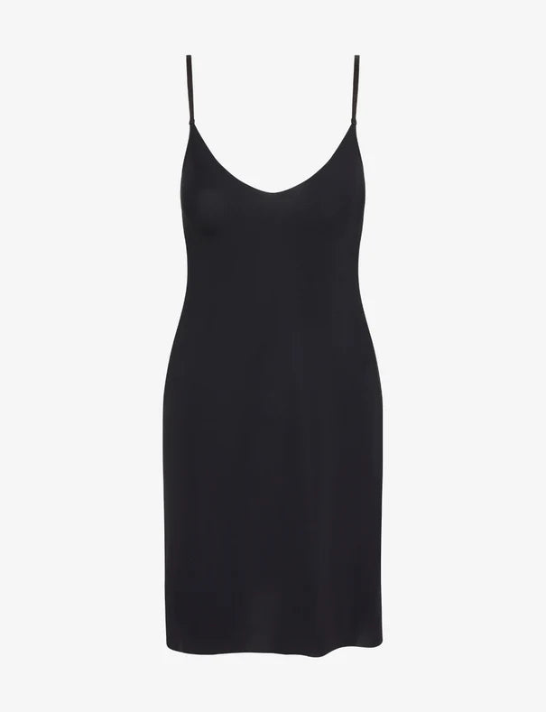 Black slip dress on a white background