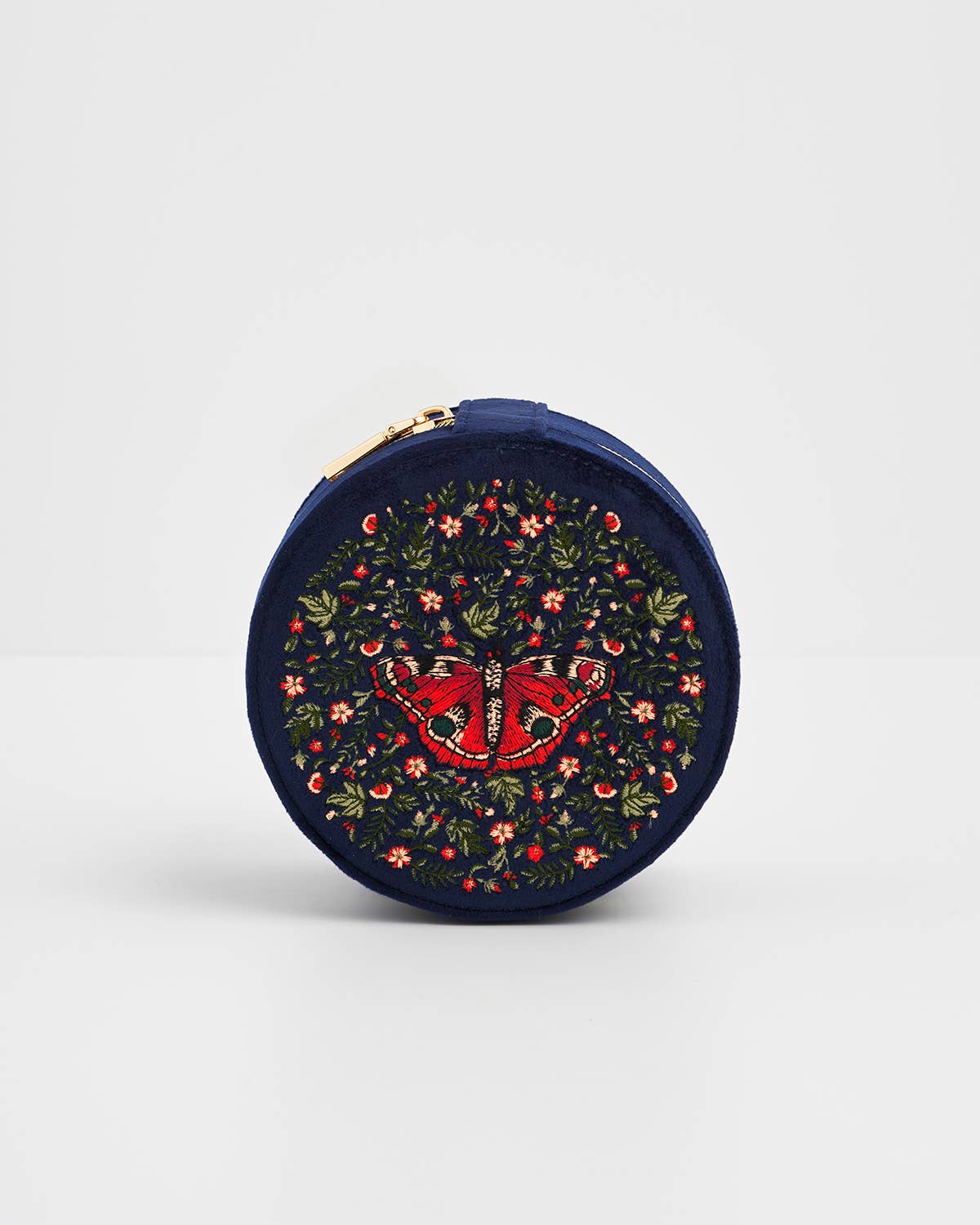 Round pouch with floral and butterfly design on a white background