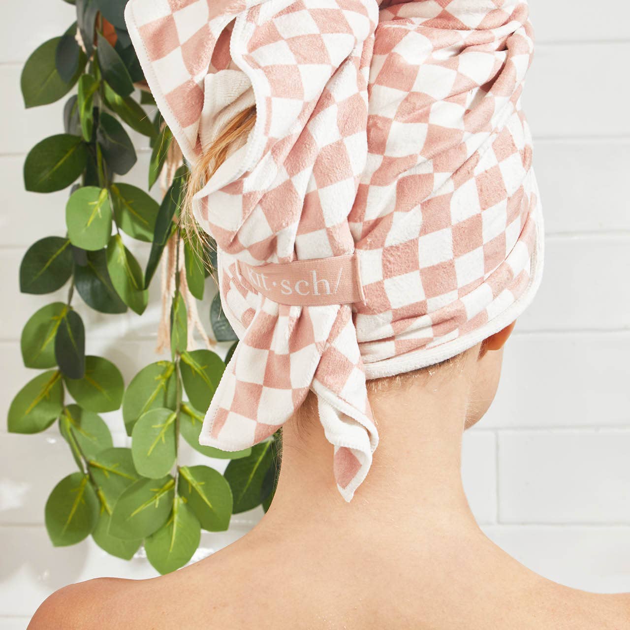 Extra Large Quick-Dry Hair Towel Wrap Terracotta Checker