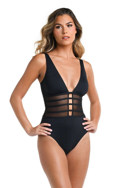 Island Goddess Over the Shoulder Mesh One Piece - Black