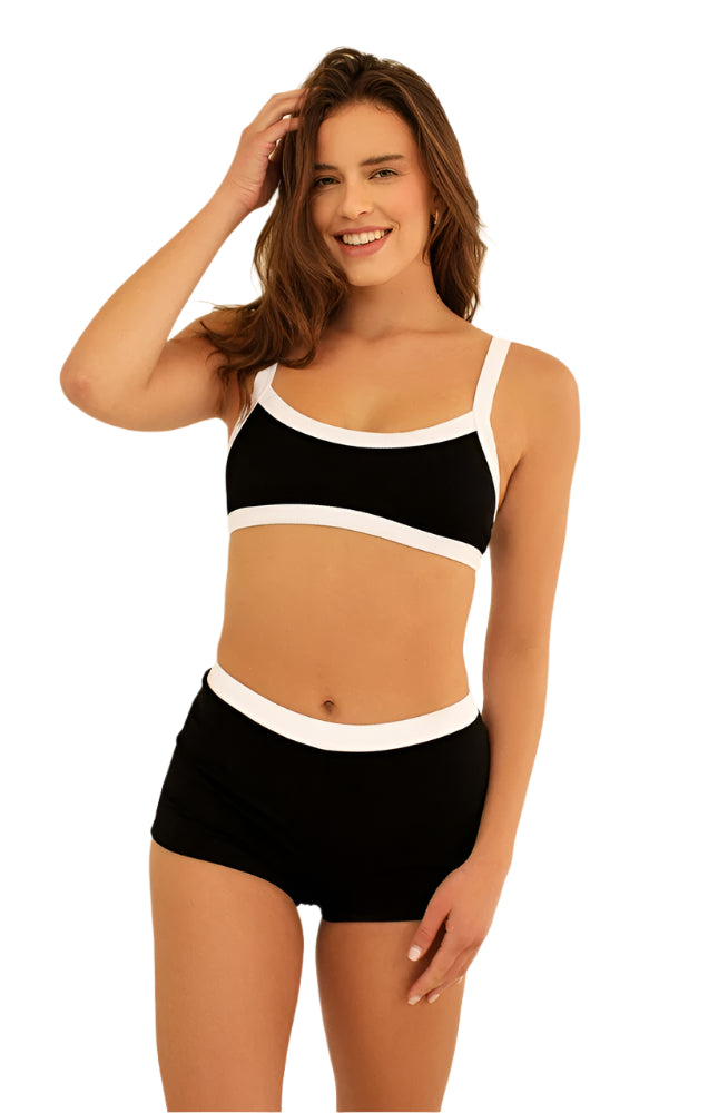 sporty two piece bikini in black and white